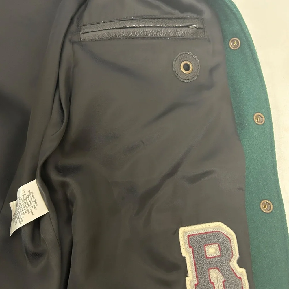 Roots Green Varsity‎ Jacket Sz S Wool Varsity Monogram Sleeve Logo Jacket